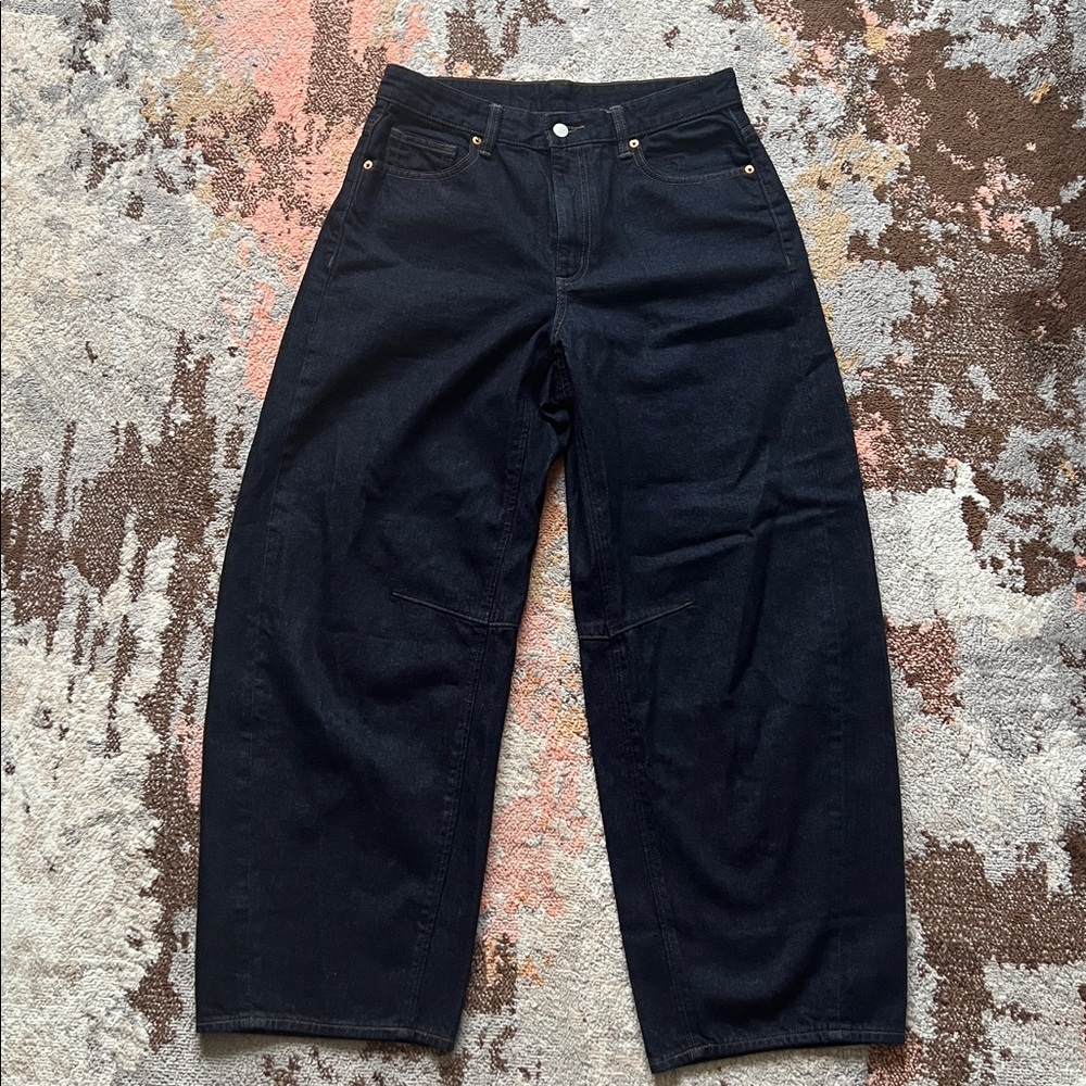 GU Navy Barrel Leg Jeans | Short 28.5 Inseam